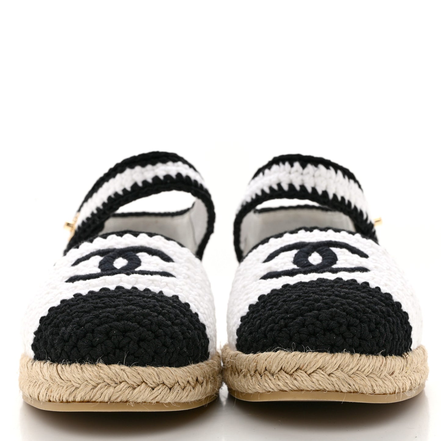 Braided Knit Cap Toe CC Ankle Strap Espadrilles 41 White Black