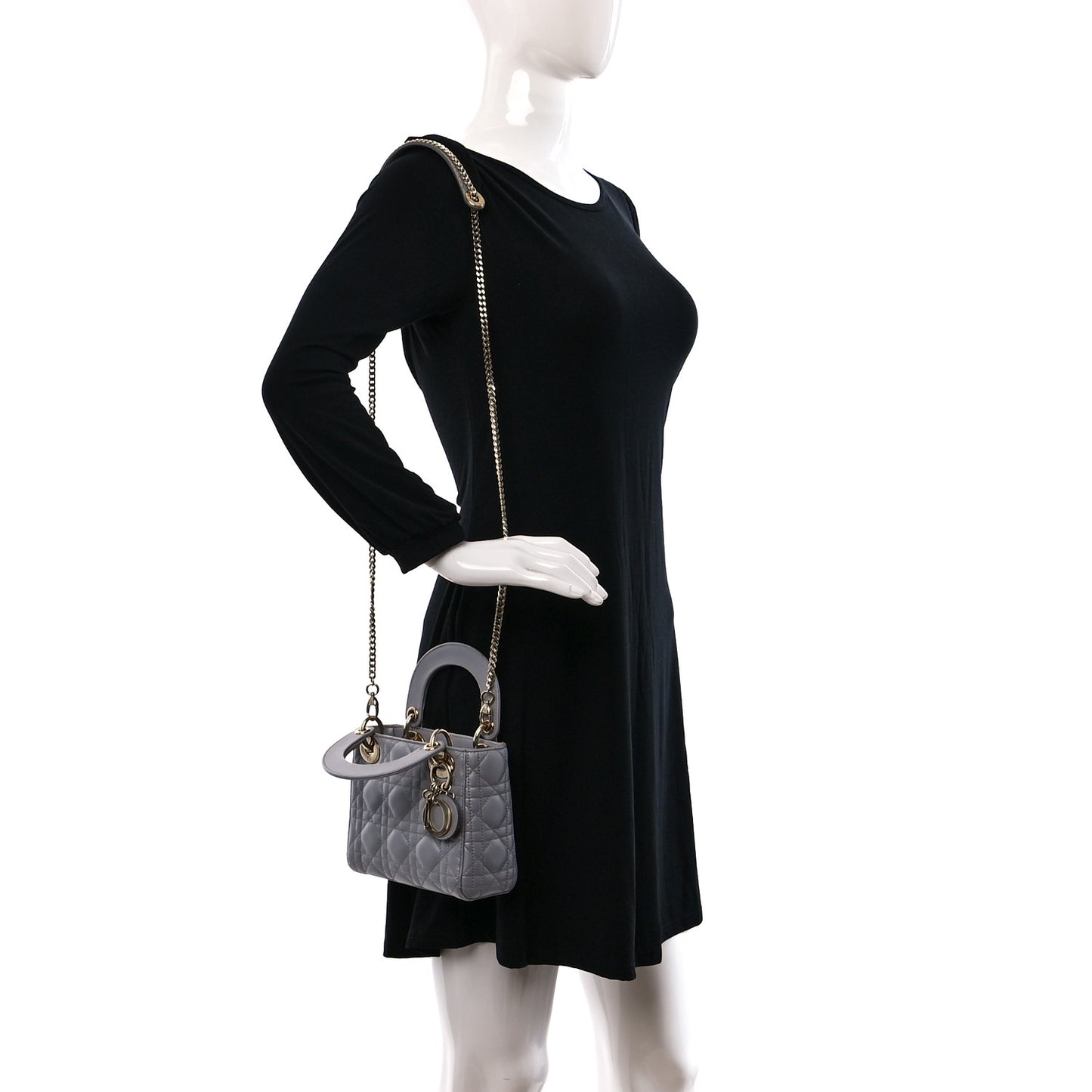 Metallic Lambskin Cannage Mini Lady Dior Grey