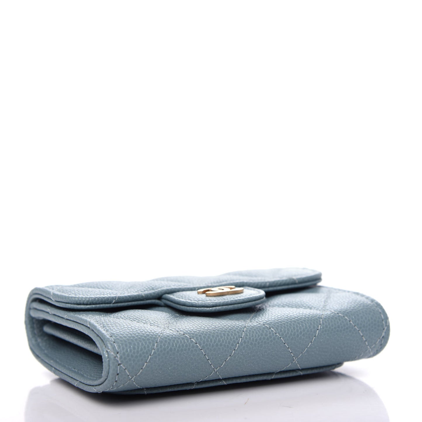 Iridescent Caviar Quilted Flap Card Holder Wallet Light Blue
