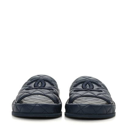 Chanel Lambskin Quilted CC Mules Sandals 37 Navy 2 of 8