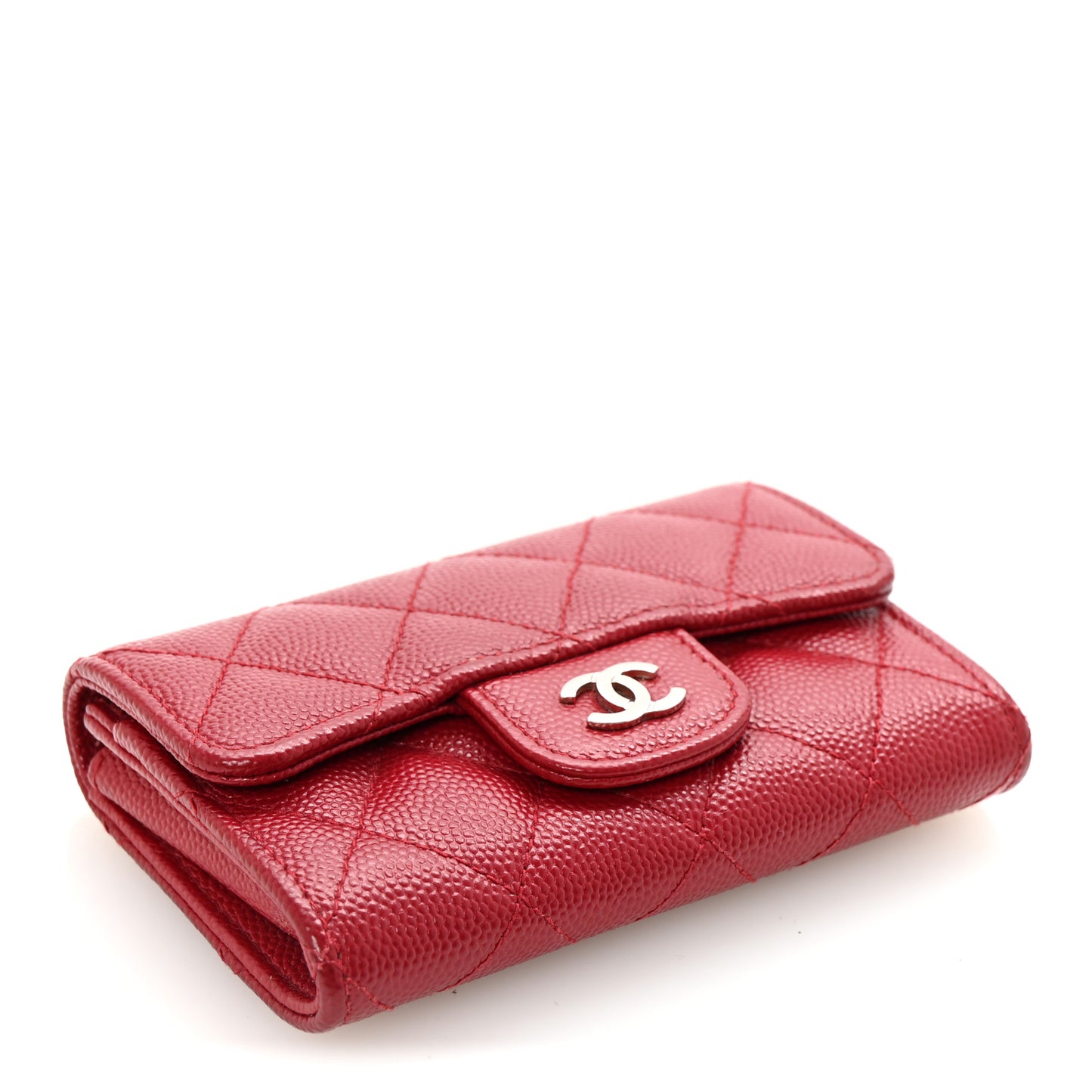 Caviar Quilted Flap Card Holder Wallet Red