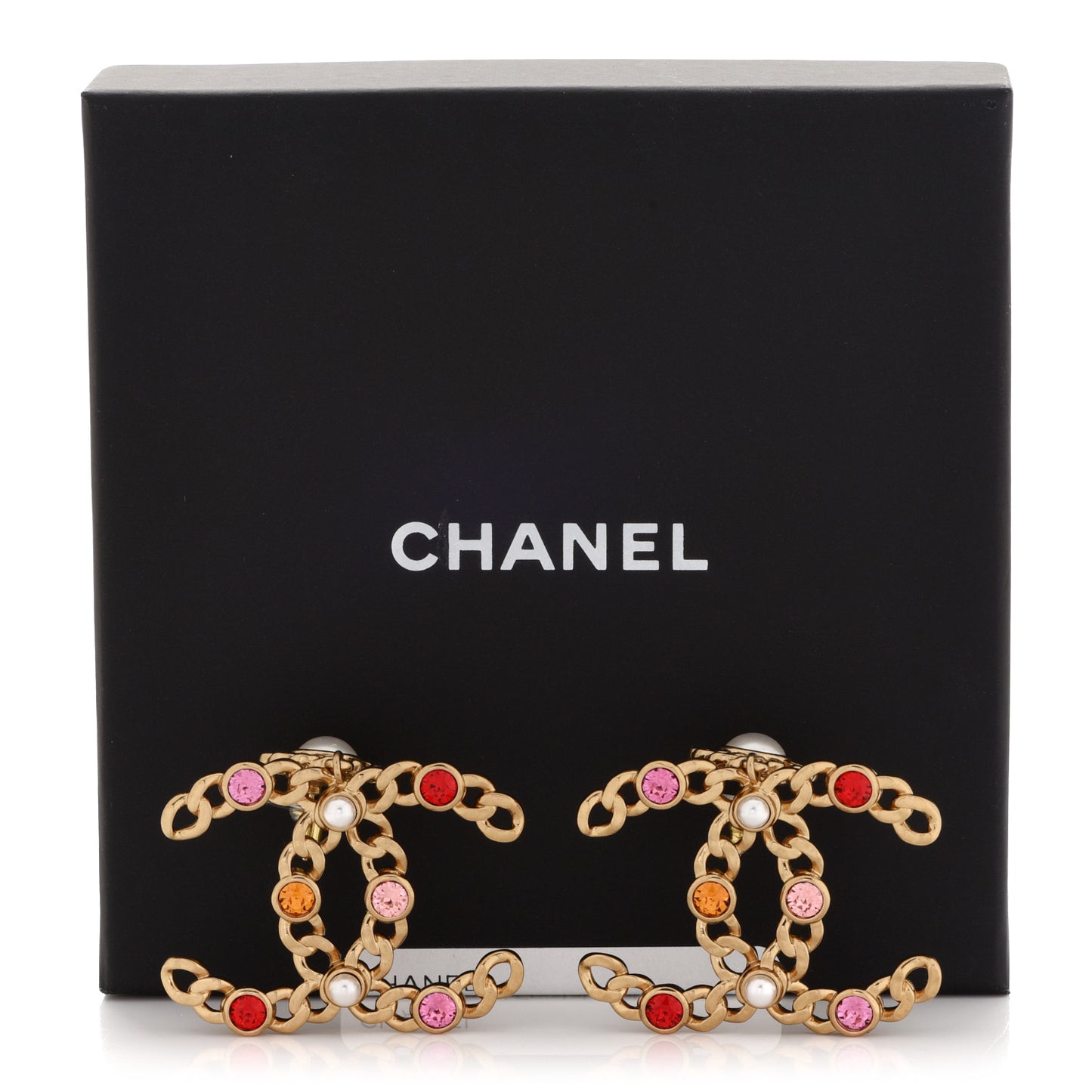 Pearl Crystal Chain Link CC Drop Earrings Gold Red Pink Yellow