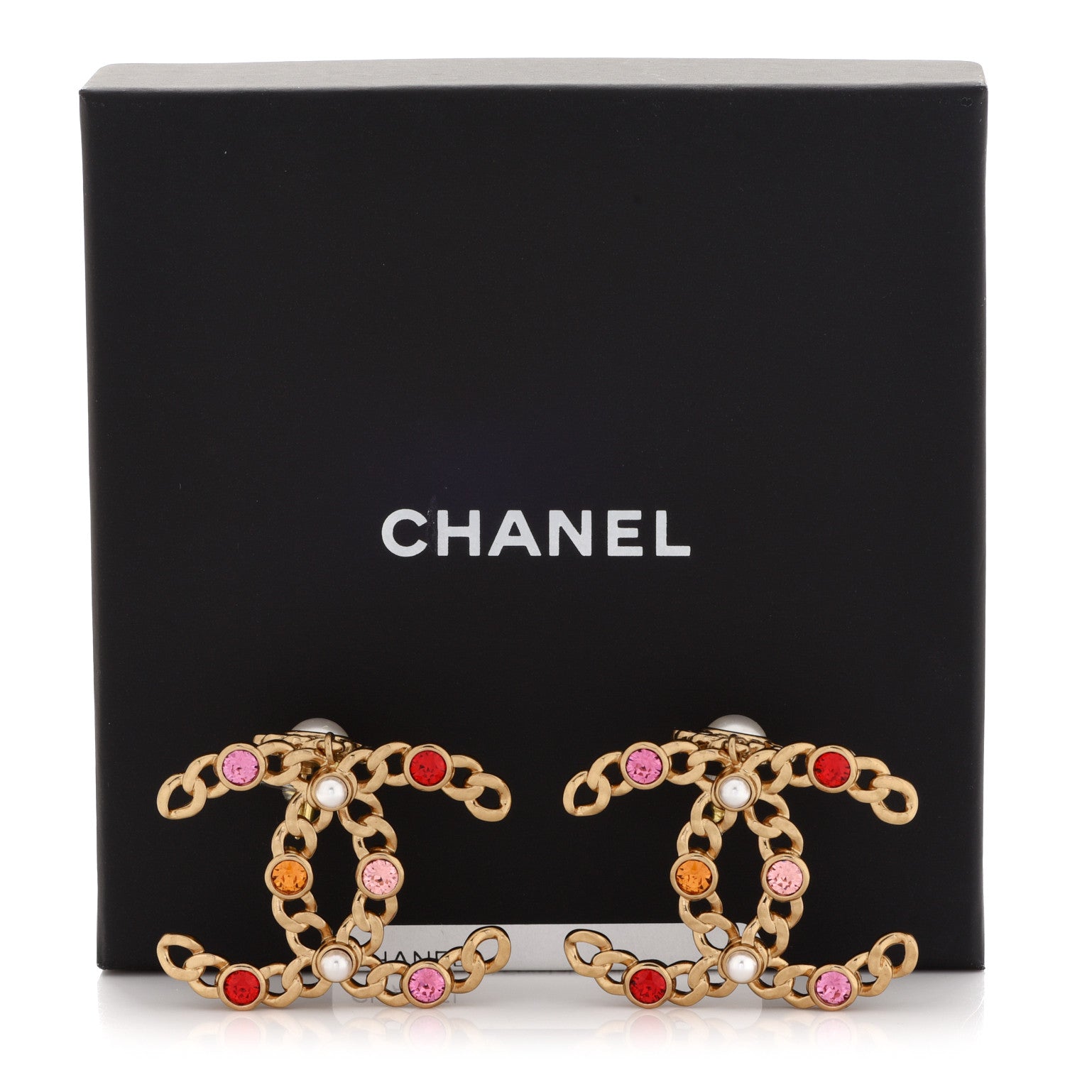 Chanel Pearl Crystal Chain Link CC Drop Earrings Gold Red Pink Yellow 5 of 5