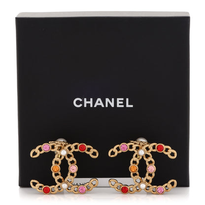 Chanel Pearl Crystal Chain Link CC Drop Earrings Gold Red Pink Yellow 5 of 5