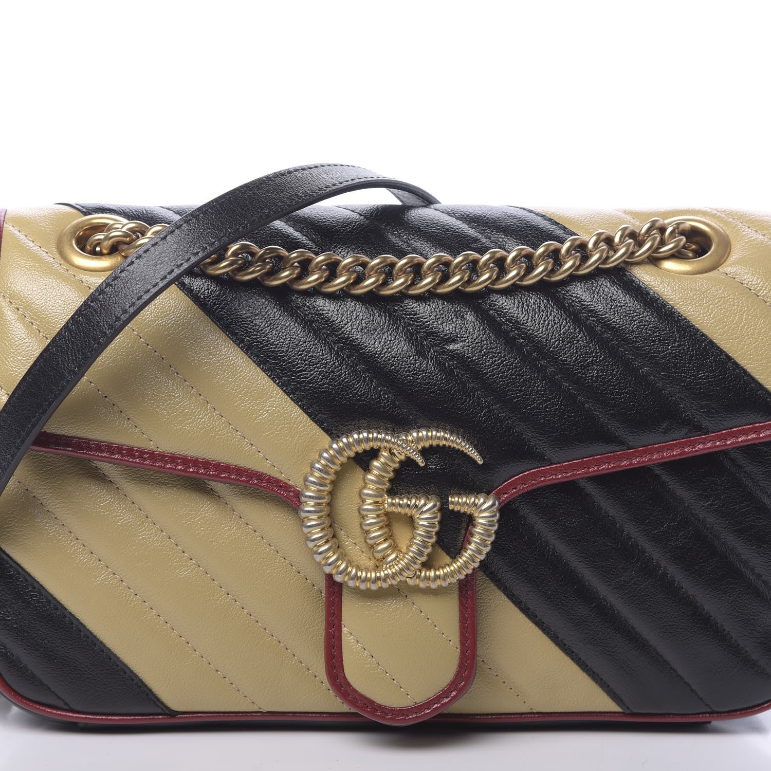 Gucci Vintage Effect Calfskin Matelasse Diagonal Striped Small Torchon GG Marmont Shoulder Bag Black Beige 10 of 11