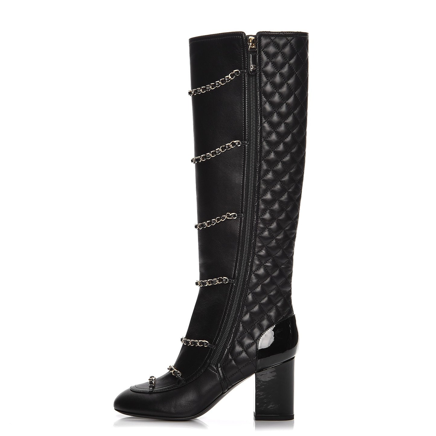 Lambskin Patent Calfskin Chained High Boots 37 Black
