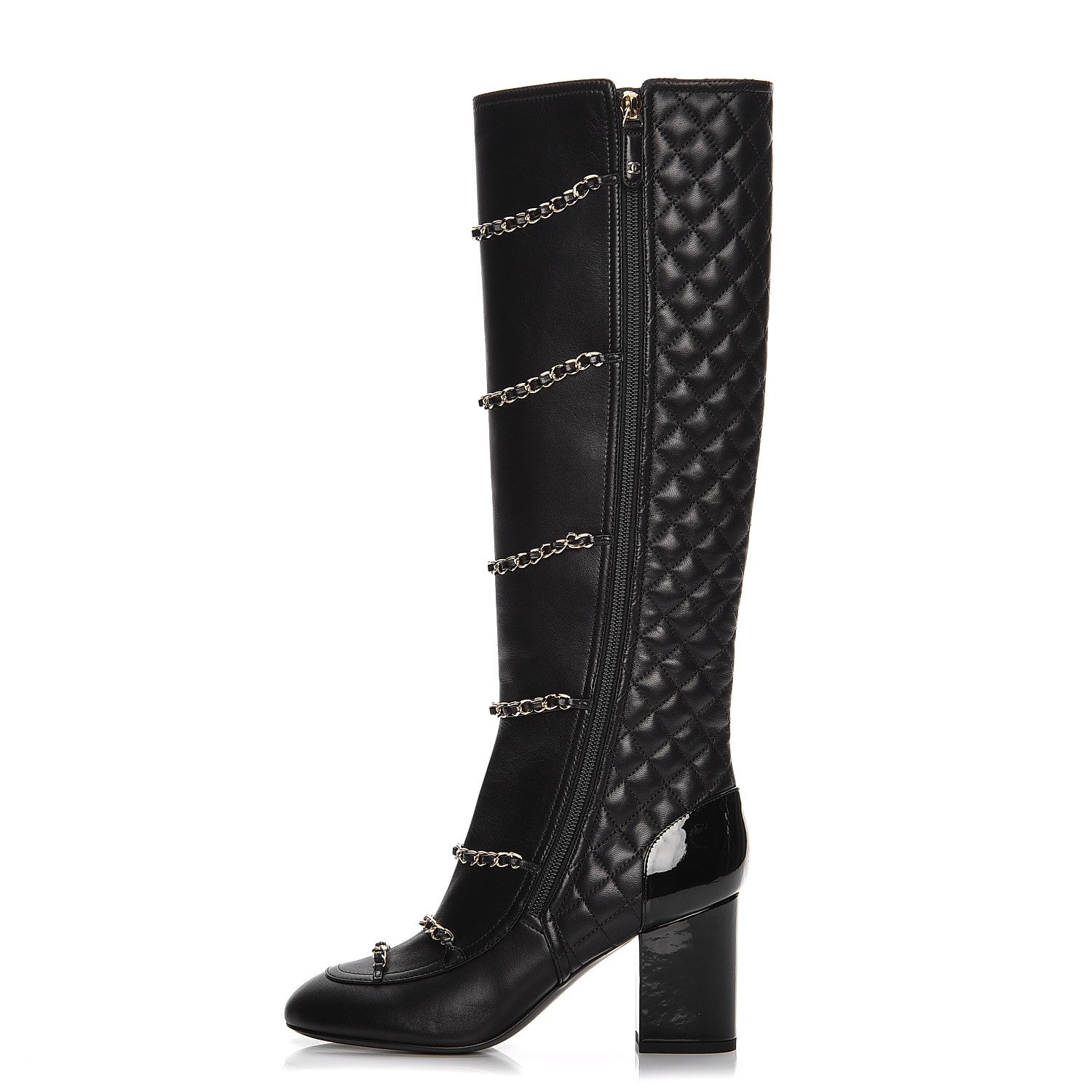 Chanel Lambskin Patent Calfskin Chained High Boots 37 Black 1 of 10