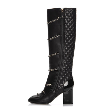 Chanel Lambskin Patent Calfskin Chained High Boots 37 Black 1 of 10