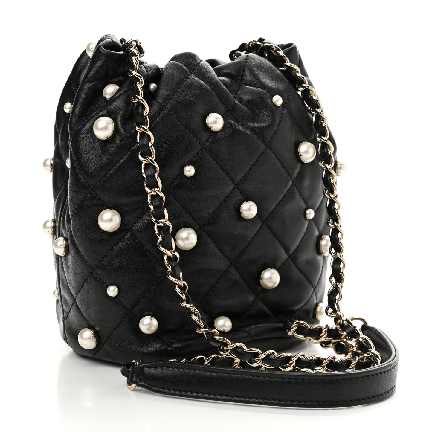 Lambskin Quilted Pearl About Pearls Drawstring Bag Black