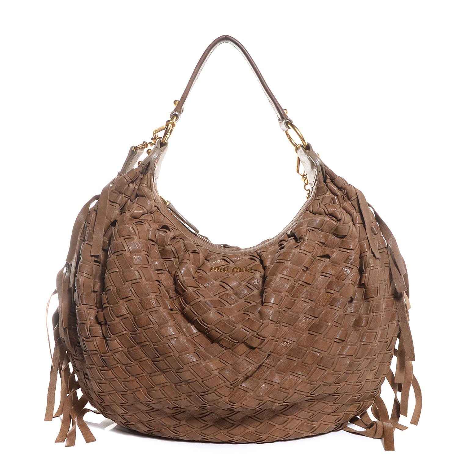 Miu Miu Woven Leather Fringe Hobo 1 of 10