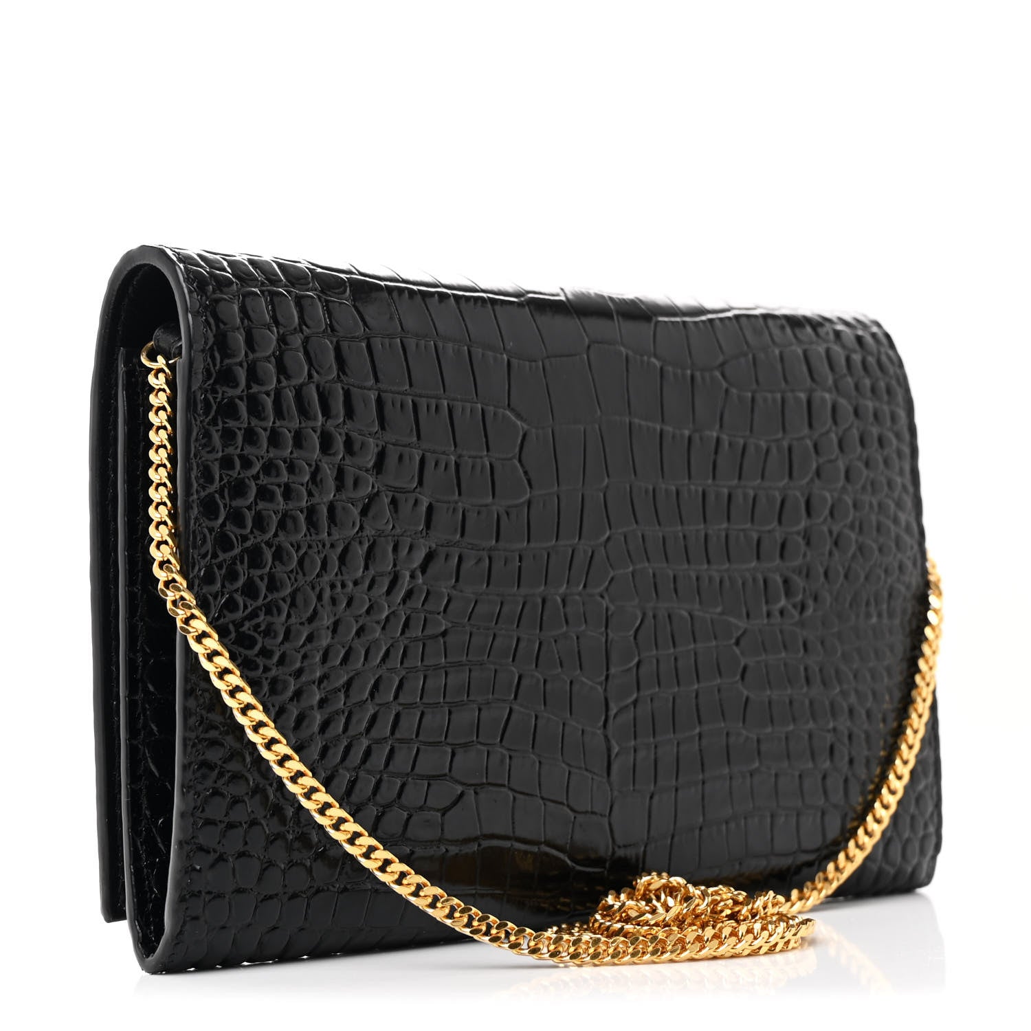 Saint Laurent Calfskin Crocodile Embossed Monogram Chain Wallet Black 3 of 12