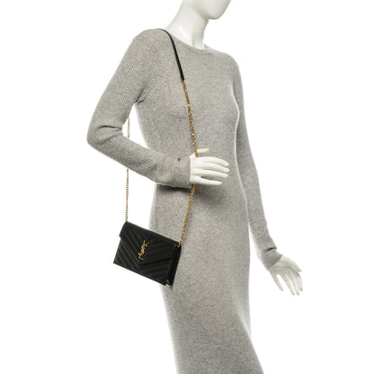 Saint Laurent Grain De Poudre Matelasse Chevron Monogram Envelope Chain Wallet Black 2 of 6