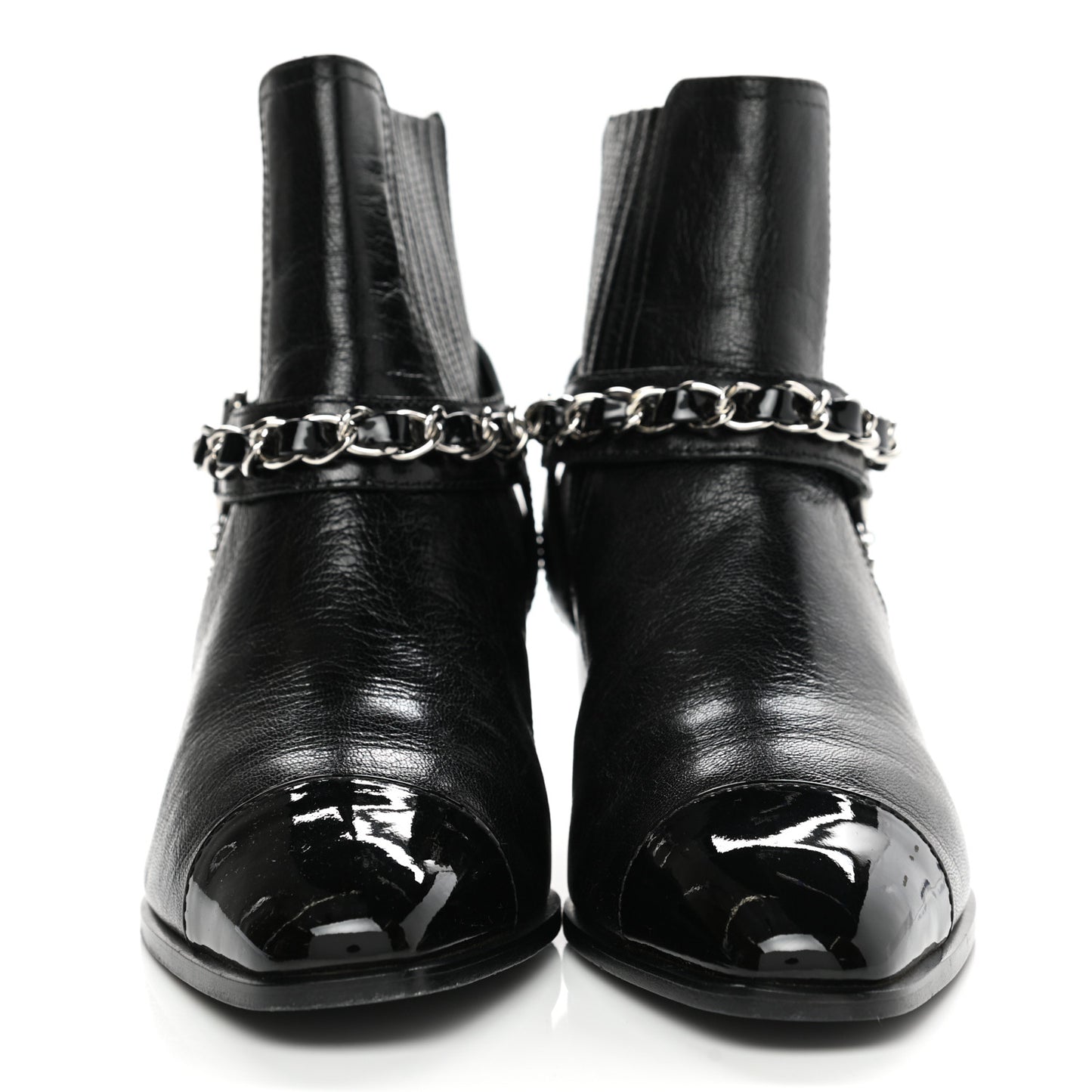 Goatskin Patent CC Cap Toe Chain Boots 37 Black