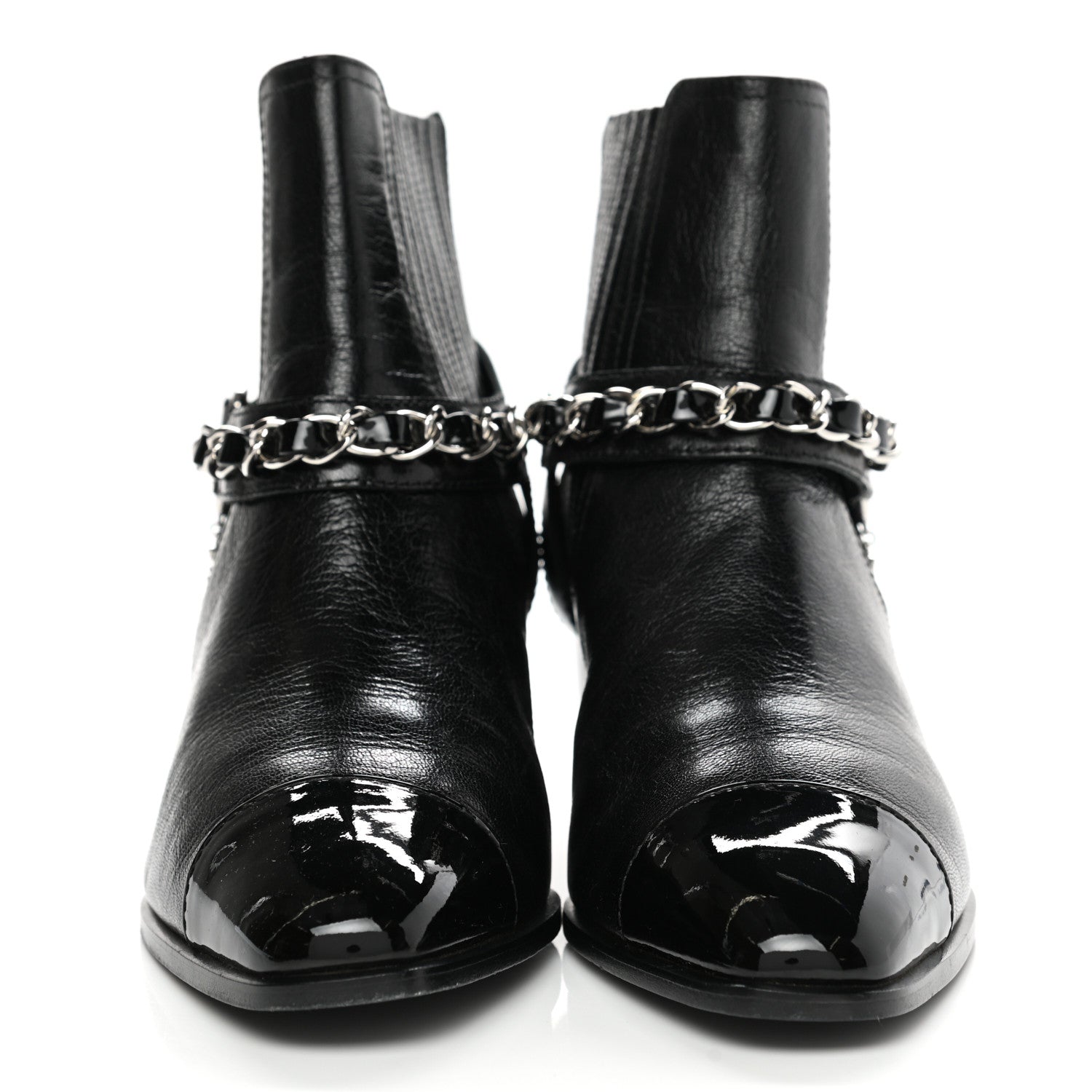 Chanel Goatskin Patent CC Cap Toe Chain Boots 37 Black 2 of 7