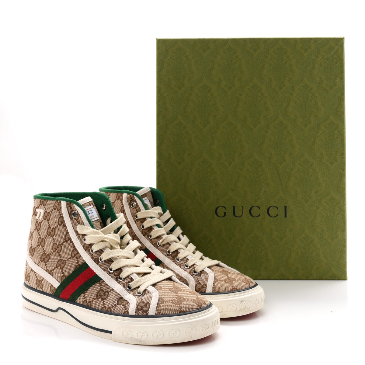 GG Monogram Web Mens 1977 Tennis High Top Sneakers 7.5 Beige Ebony Mystic White