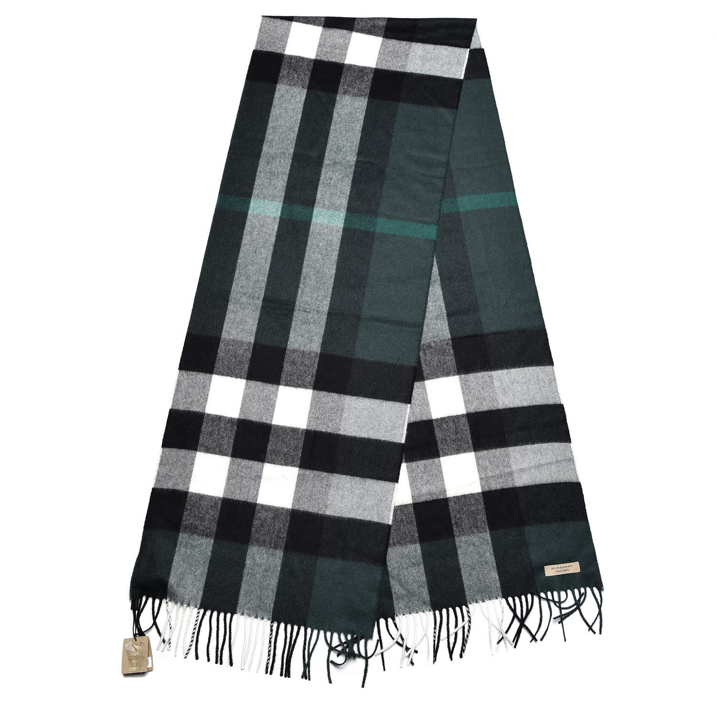 Cashmere Half Mega Check Fringe Scarf Dark Forest Green