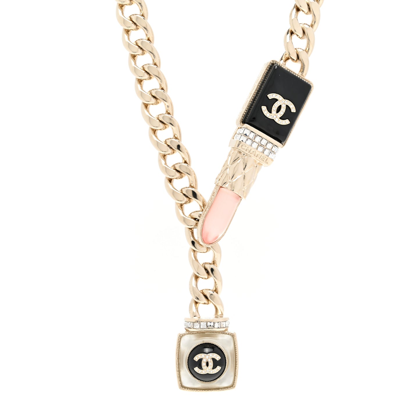 Metal Strass Pearl Lipstick Necklace Pink Gold