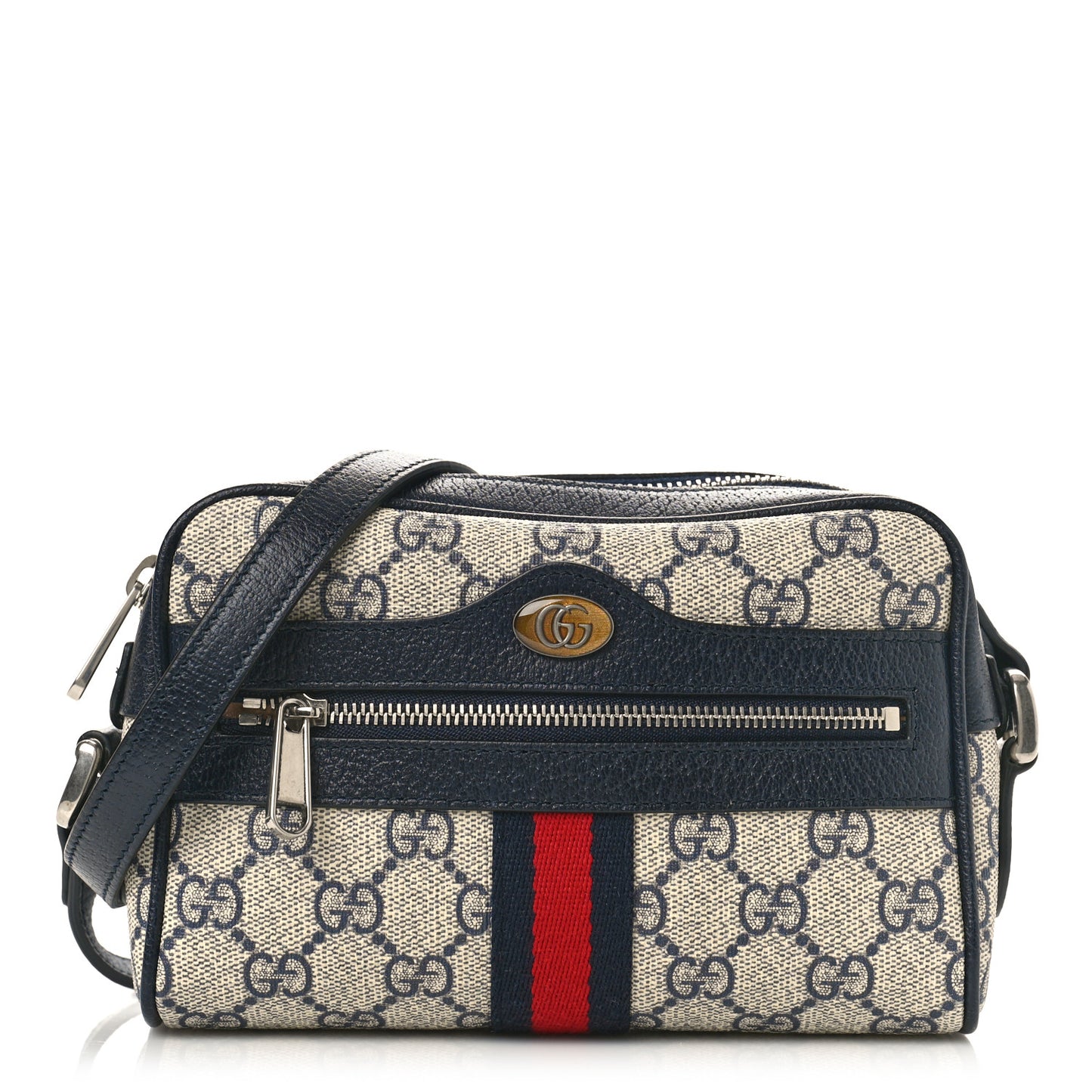 GG Supreme Monogram Textured Dollar Calfskin Web Mini Ophidia Shoulder Bag Beige Blue