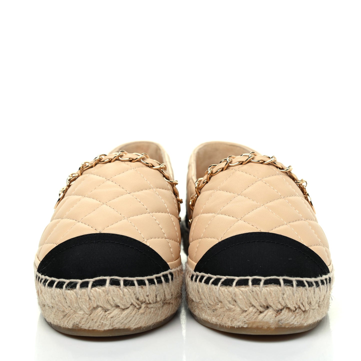 Lambskin Grosgrain Quilted CC Chain Espadrilles 35 Beige Black