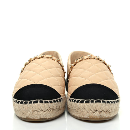 Chanel Lambskin Grosgrain Quilted CC Chain Espadrilles 35 Beige Black 2 of 8