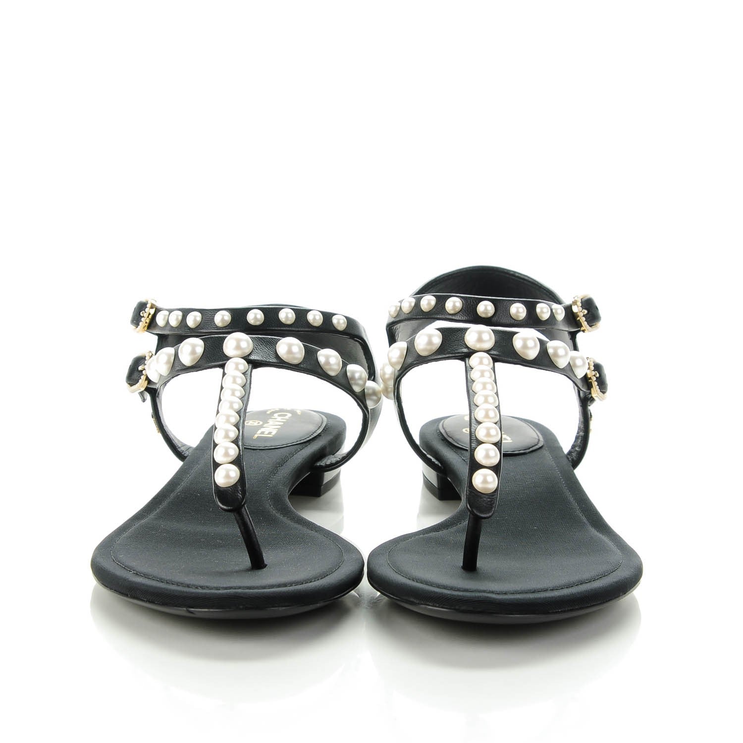 Chanel Lambskin Pearl Thong Sandals 37 Black 2 of 7