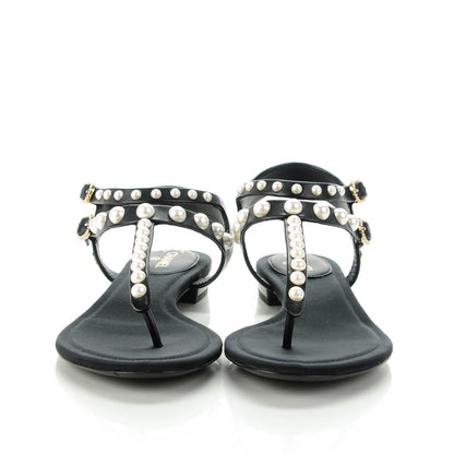 Chanel Lambskin Pearl Thong Sandals 37 Black 2 of 7