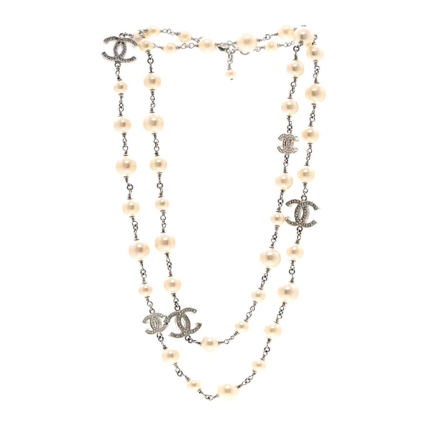 Graduated Pearl Crystal CC Long Necklace Silver