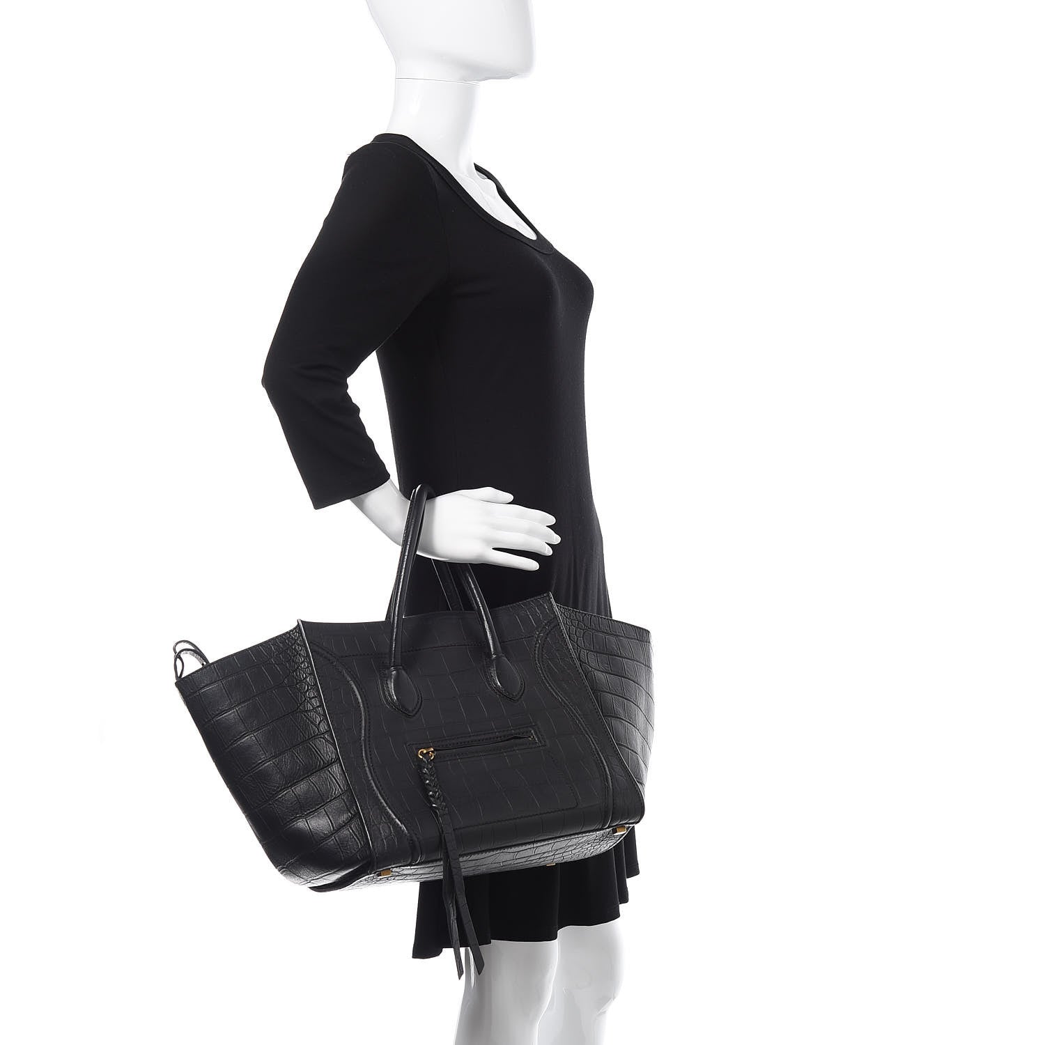 Celine Crocodile Embossed Calfskin Medium Phantom Luggage Black 2 of 15