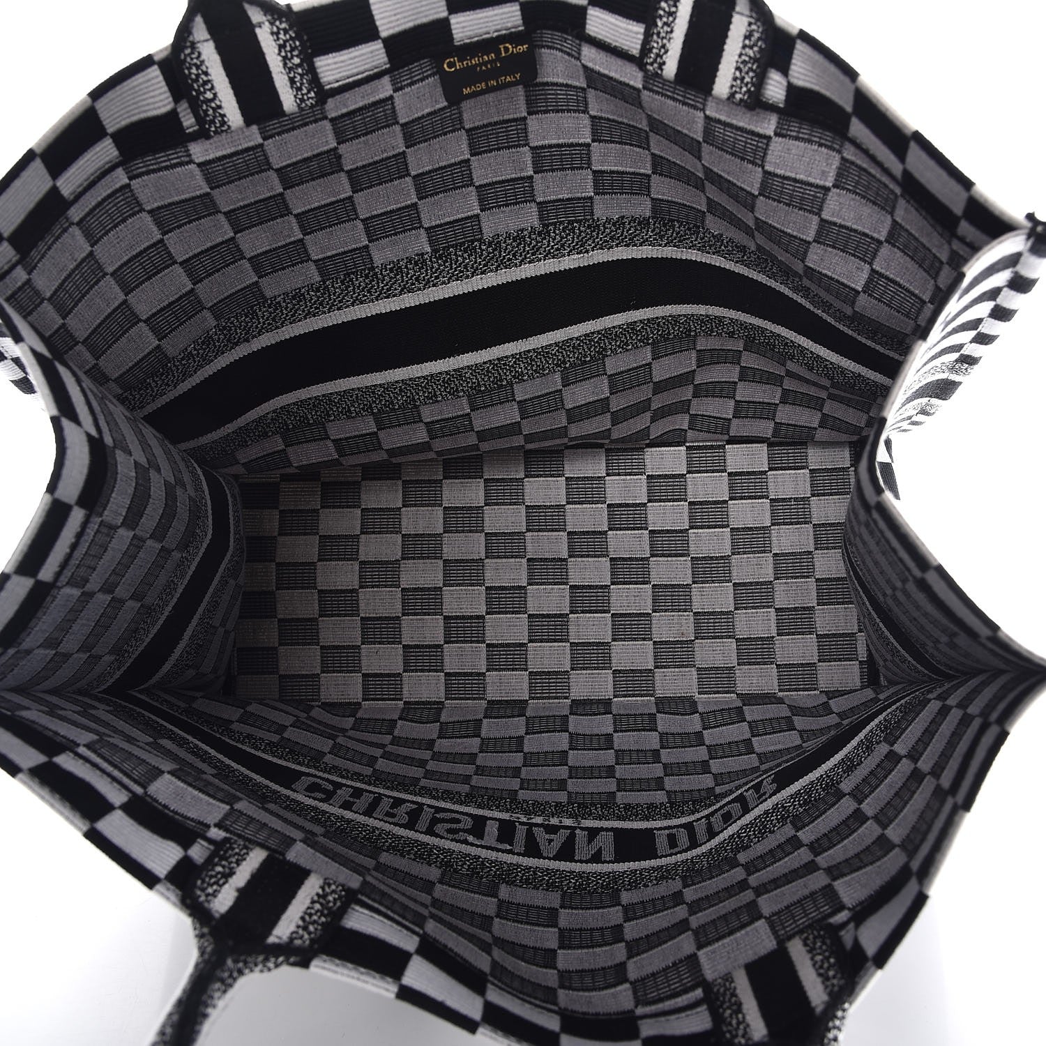Christian Dior Canvas Embroidered Checkered Book Tote Black White 5 of 10