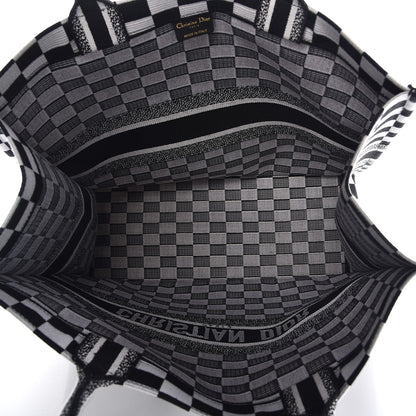 Christian Dior Canvas Embroidered Checkered Book Tote Black White 5 of 10