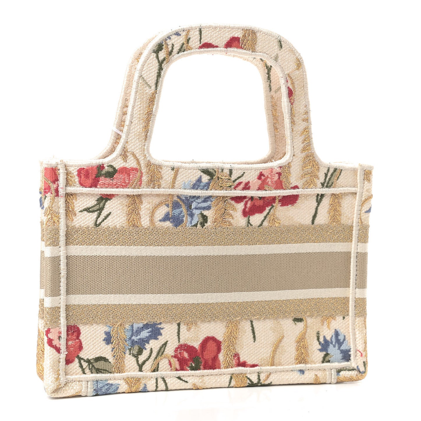 Canvas Embroidered Hibiscus Printed Mini Book Tote Beige Multicolor