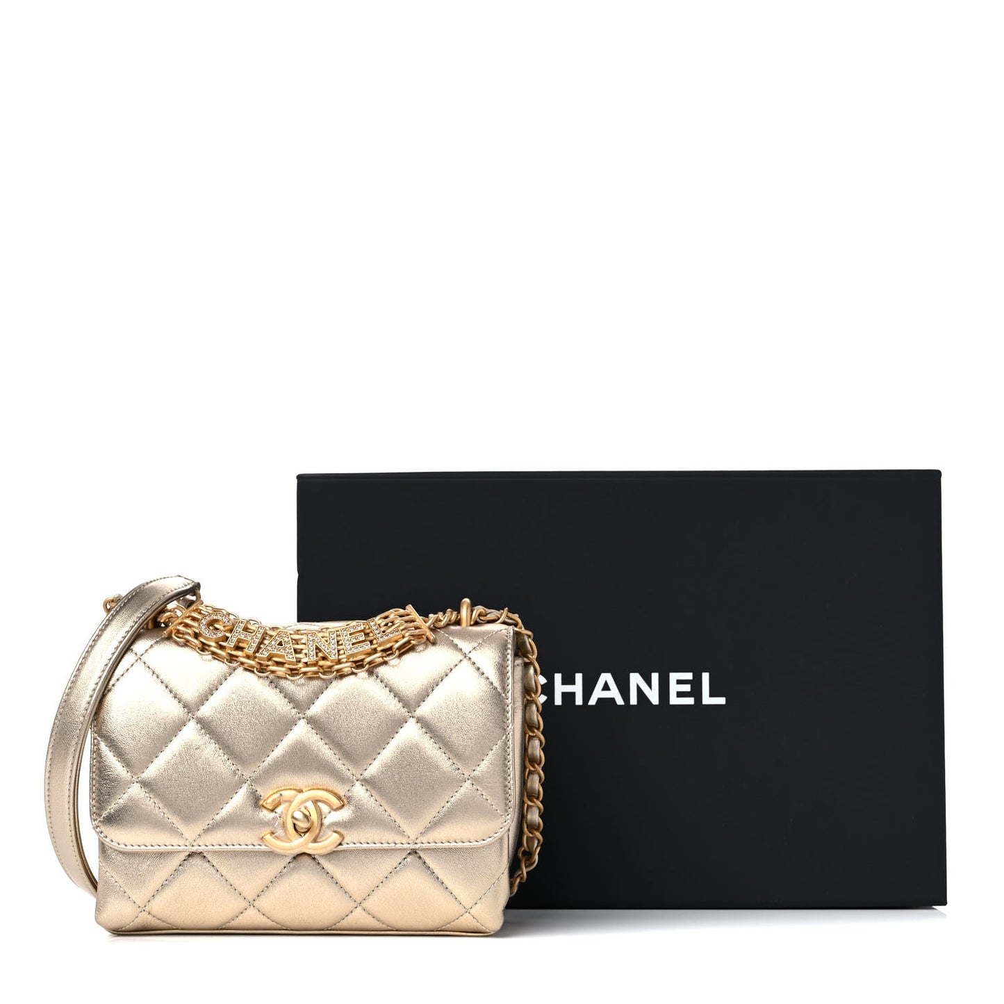 Metallic Lambskin Quilted Mini CC Crystal Logo Chain Flap Gold