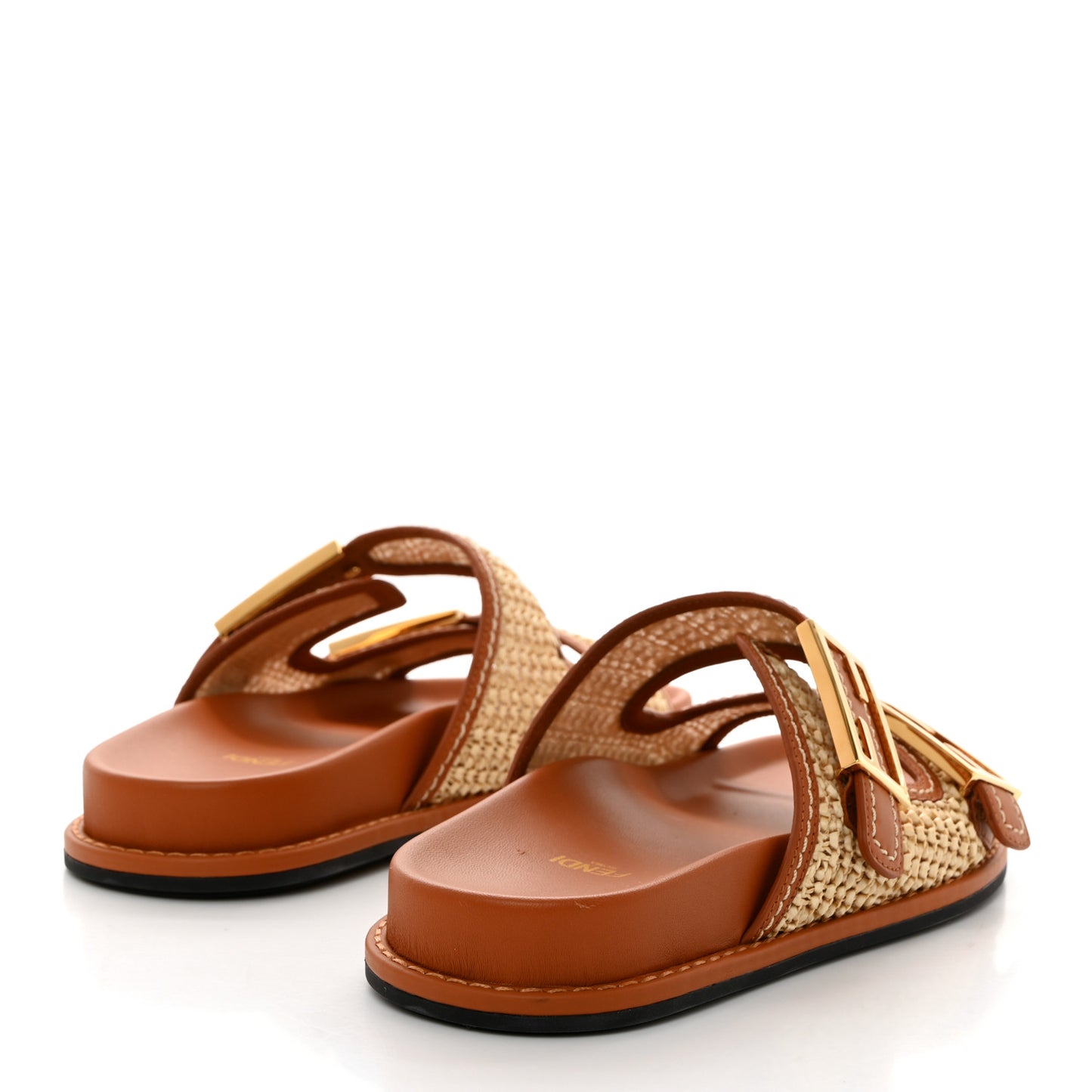 Raffia Vitello Womens Fendi Feel Buckled Slide Sandals 37.5 Paglia Brandy