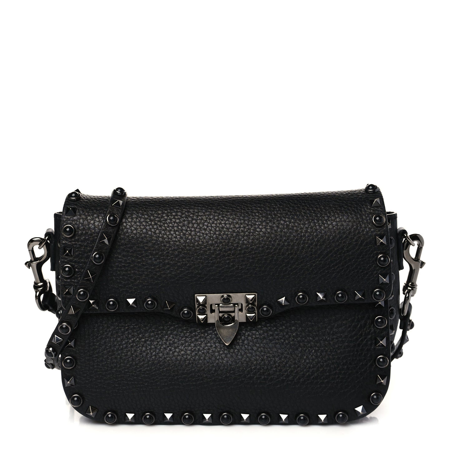 Pebbled Calfskin Onyx Medium Rockstud Rolling Flap Saddle Bag Black