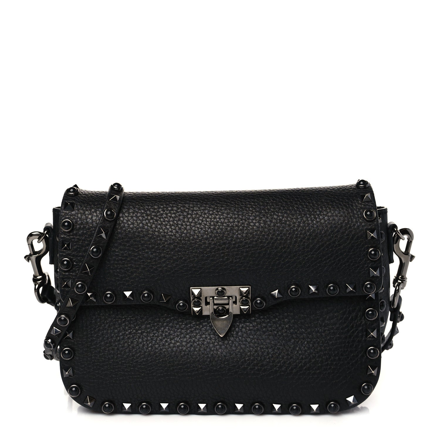 Valentino Garavani Pebbled Calfskin Onyx Medium Rockstud Rolling Flap Saddle Bag Black 1 of 9