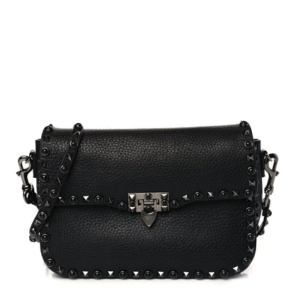 Valentino Garavani Pebbled Calfskin Onyx Medium Rockstud Rolling Flap Saddle Bag Black 1 of 9