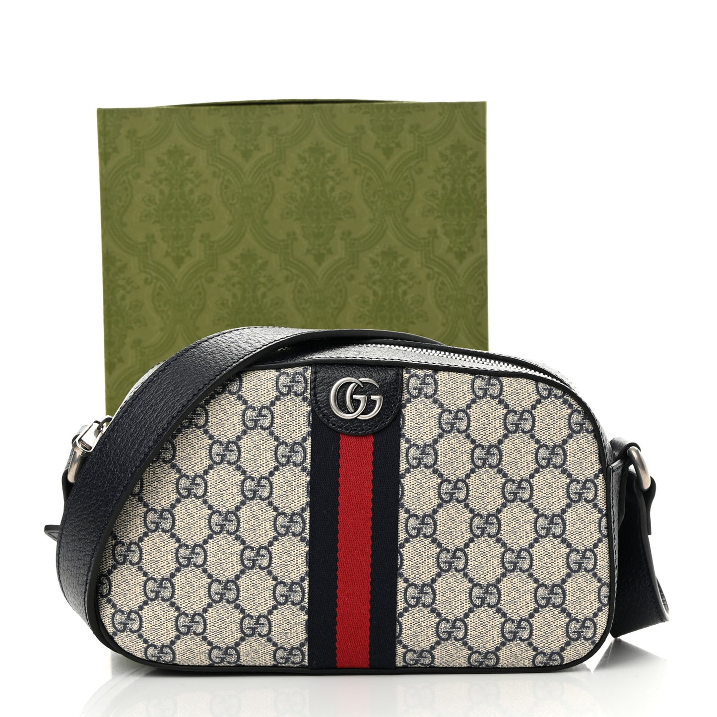 GG Supreme Monogram Textured Dollar Calfskin Web Small Ophidia Camera Bag Beige Blue