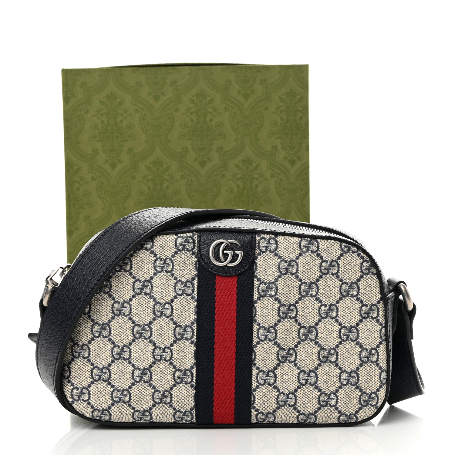 Gucci GG Supreme Monogram Textured Dollar Calfskin Web Small Ophidia Camera Bag Beige Blue 12 of 12