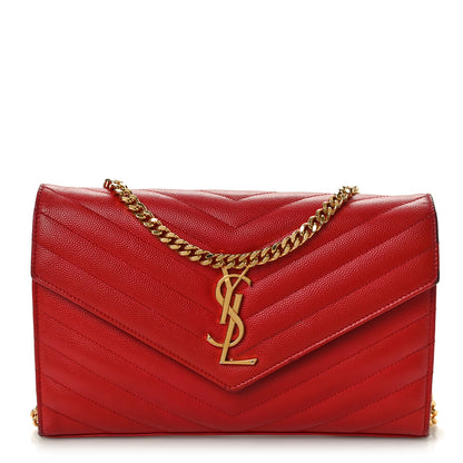 Saint Laurent Grain De Poudre Matelasse Chevron Monogram Chain Wallet Red 1 of 13