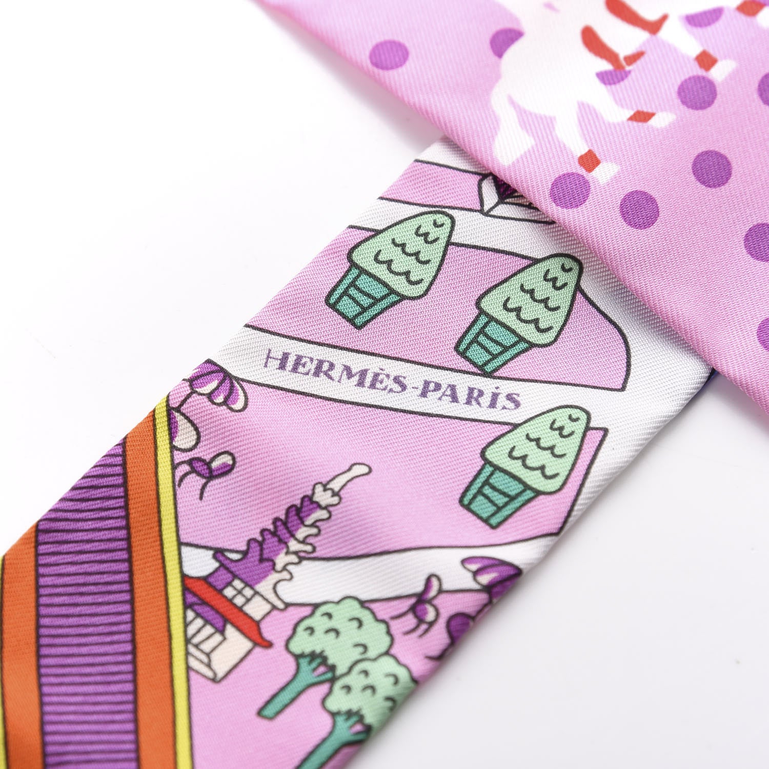 Hermes Silk Les Nouveaux Amoureux de Paris Twilly Rose Buvard White Vert 2 of 4