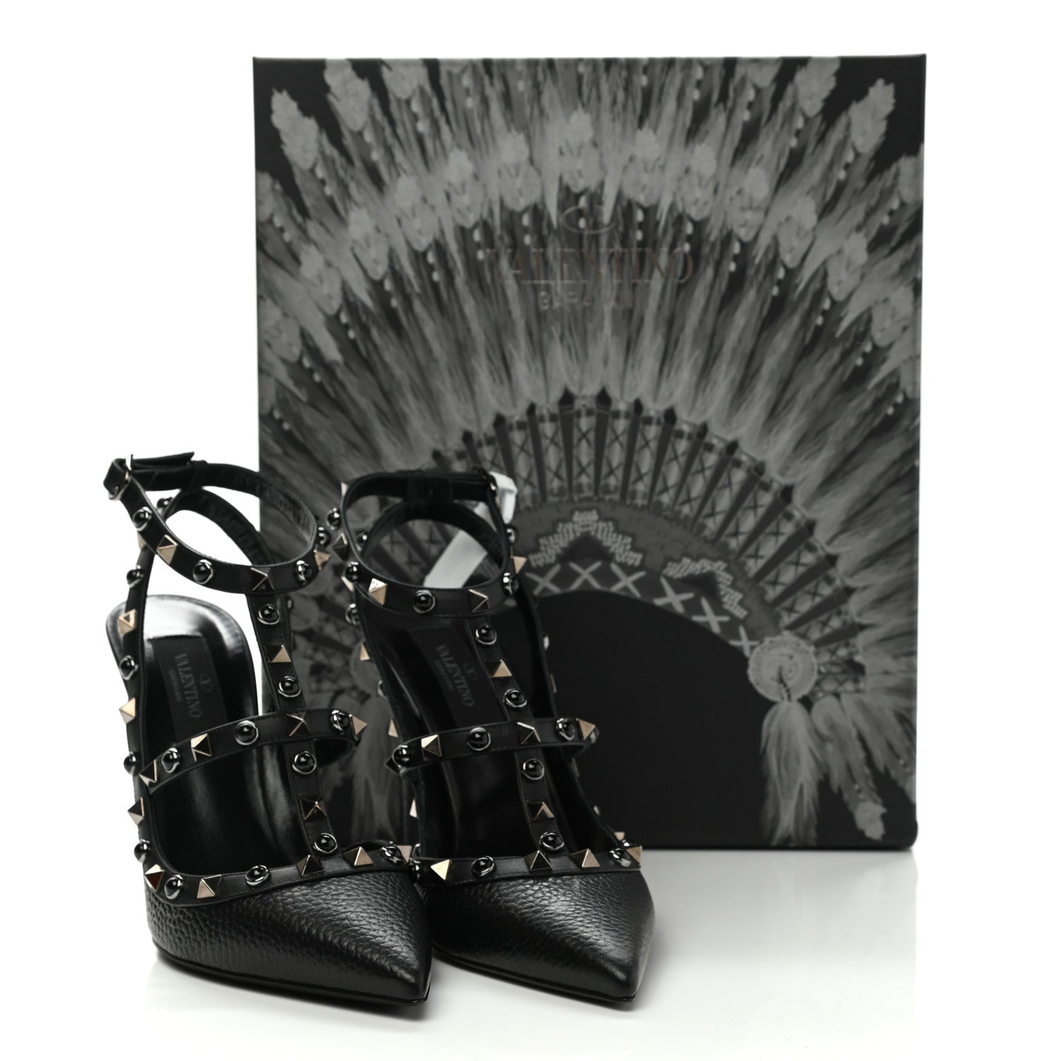 Valentino Garavani Pebbled Calfskin Onyx Rockstud Rolling Ankle Strap 100mm Pumps 37 Black 8 of 8