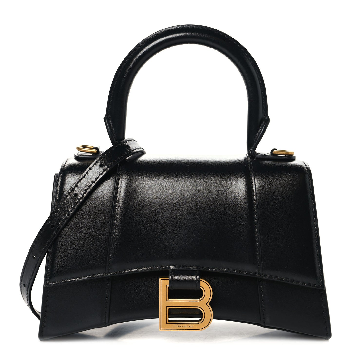 Shiny Box Calfskin Hourglass Top Handle Bag XS Black