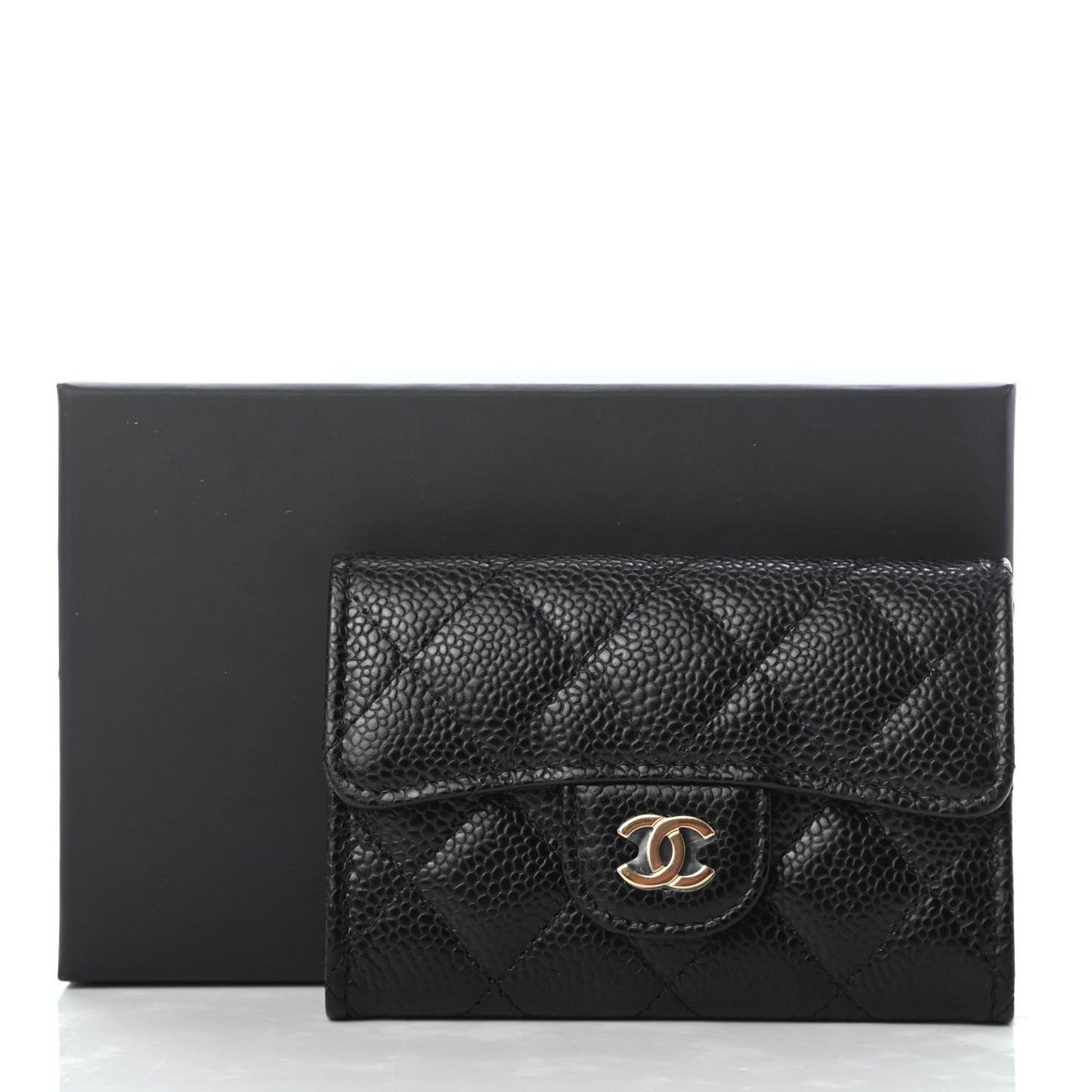 Caviar Quilted Flap Card Holder Wallet Black