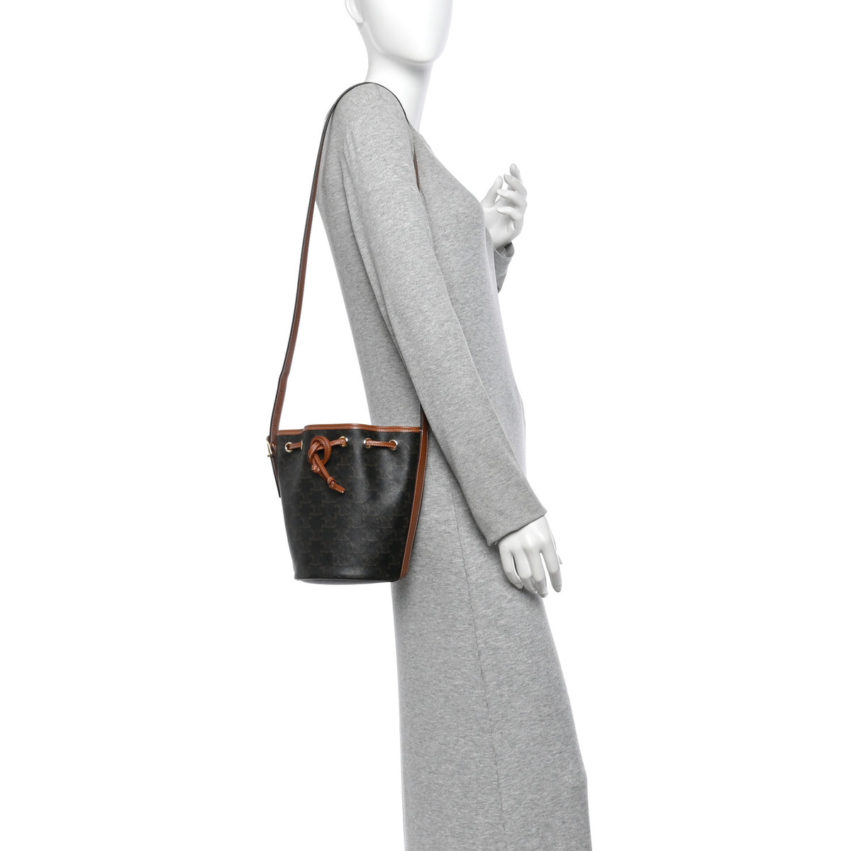Triomphe Canvas Calfskin Small Drawstring Bucket Bag Tan