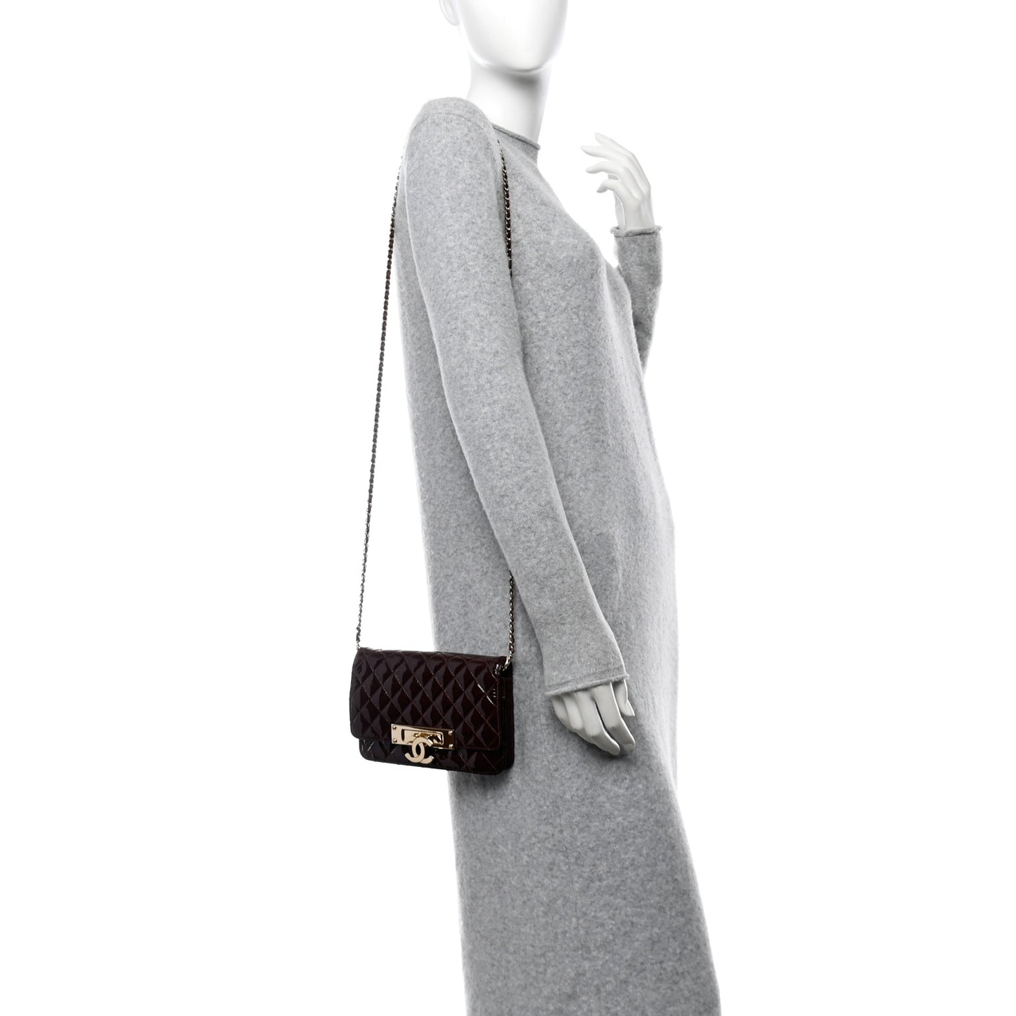 Patent Quilted Golden Class Wallet on Chain WOC Burgundy