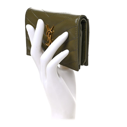 Saint Laurent Grain De Poudre Matelasse Chevron Monogram Card Case Kaki 2 of 6