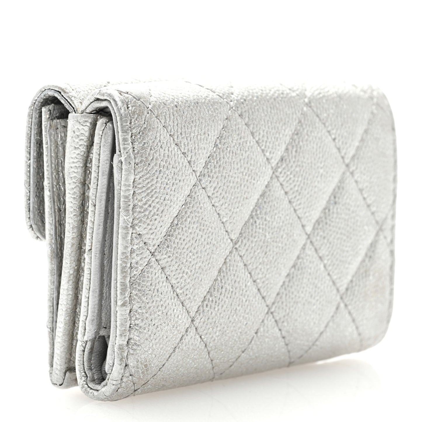Caviar Quilted Double Flap Wallet Silver