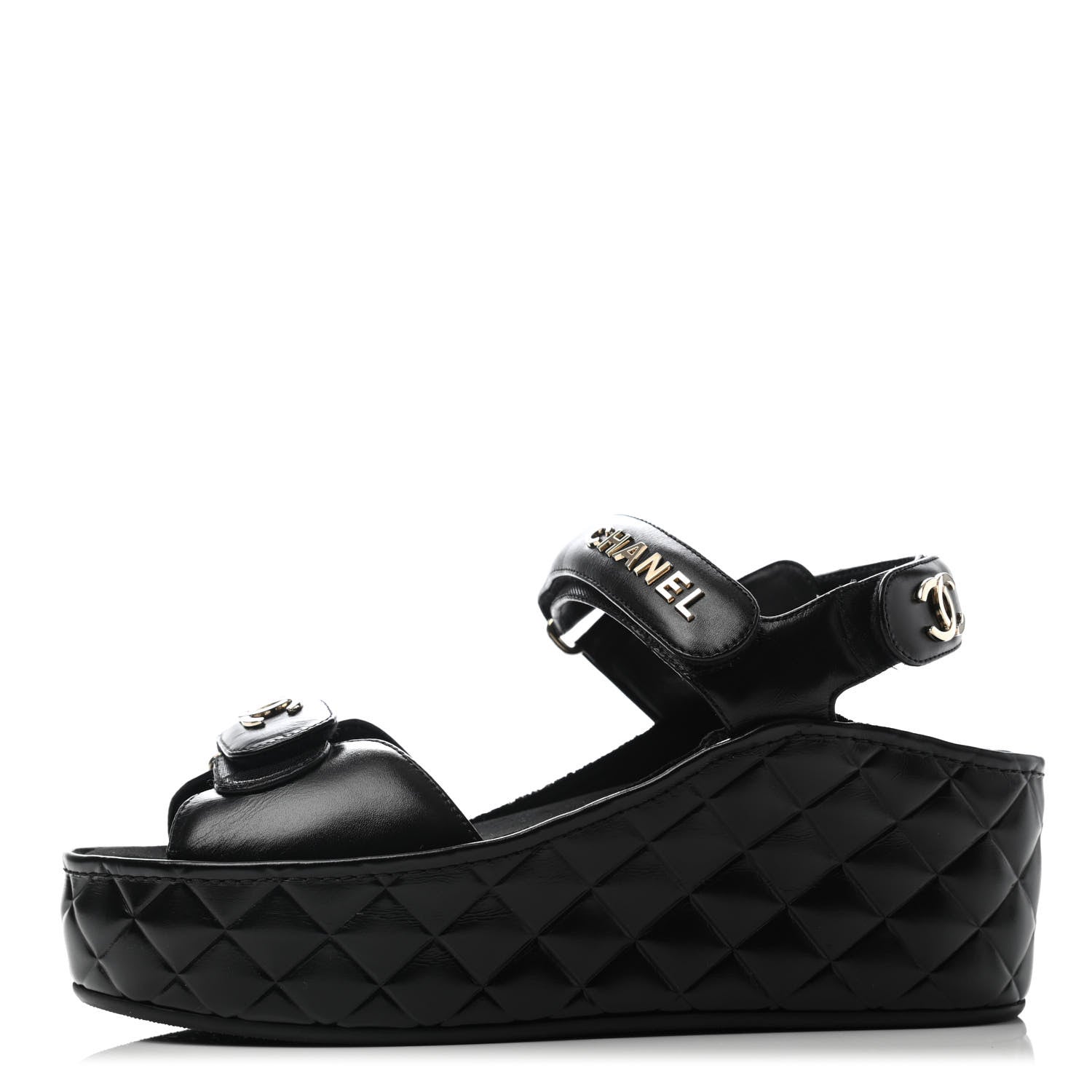 Chanel Shiny Calfskin Logo Platform Sandals 38 Black 1 of 7