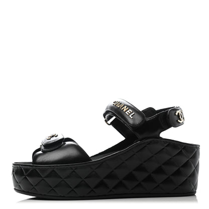 Chanel Shiny Calfskin Logo Platform Sandals 38 Black 1 of 7