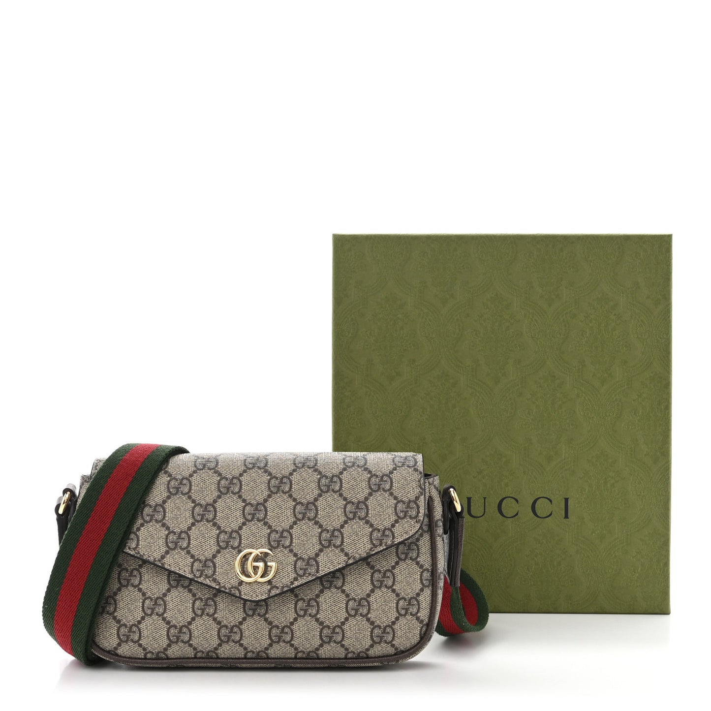 GG Supreme Monogram Textured Dollar Calfskin Web Mini Ophidia Envelope Shoulder Bag Beige Ebony New Acero